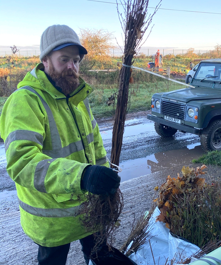 Laurence Maxwell working outside on winter day, holding tree sapling with Land Rover in the background